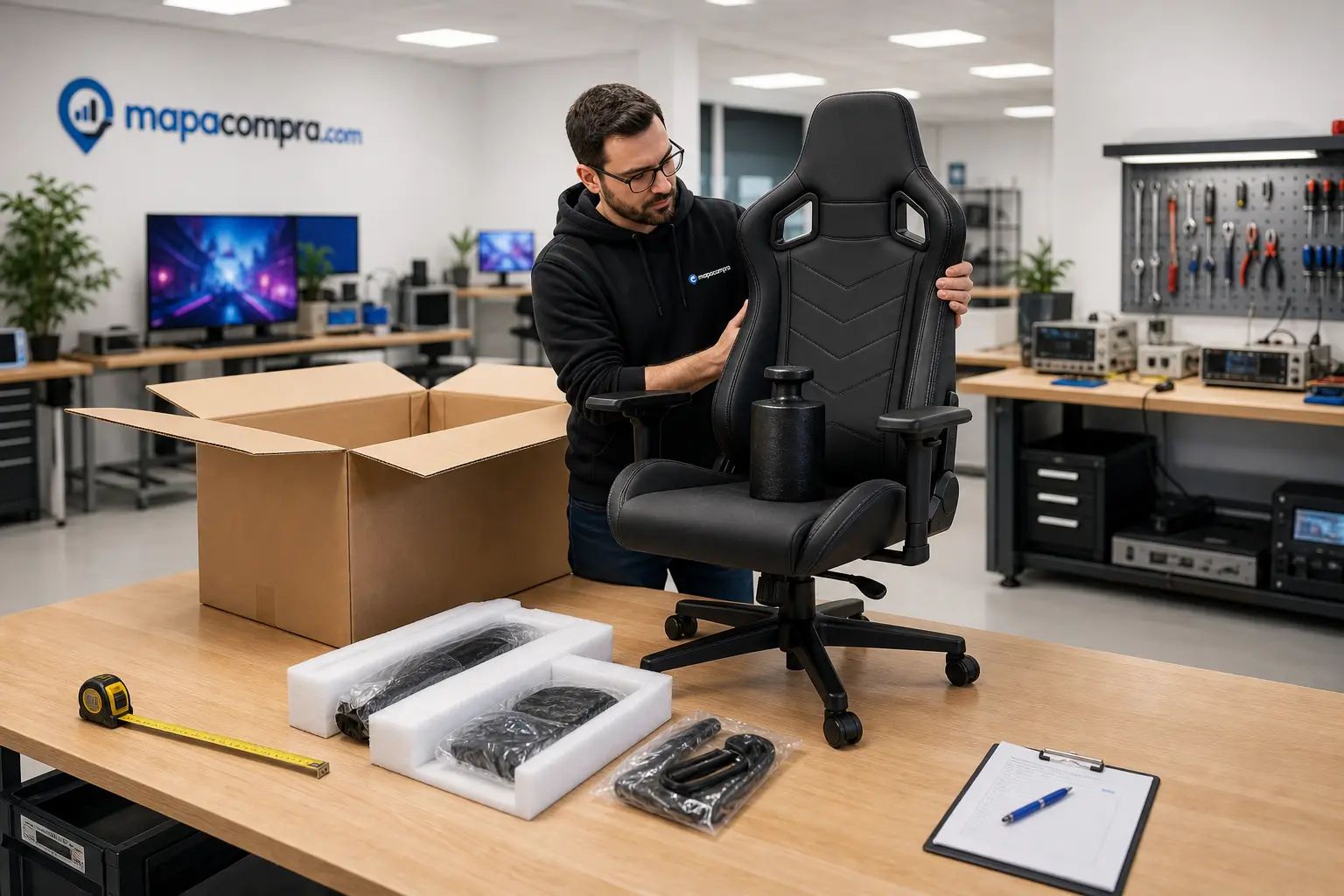 T-LOVENDO.ES Silla Gamer Gaming Profesional desembalado para el análisis de mapacompra, con el contenido de la… – Imagen ilustrativa (generada por IA)