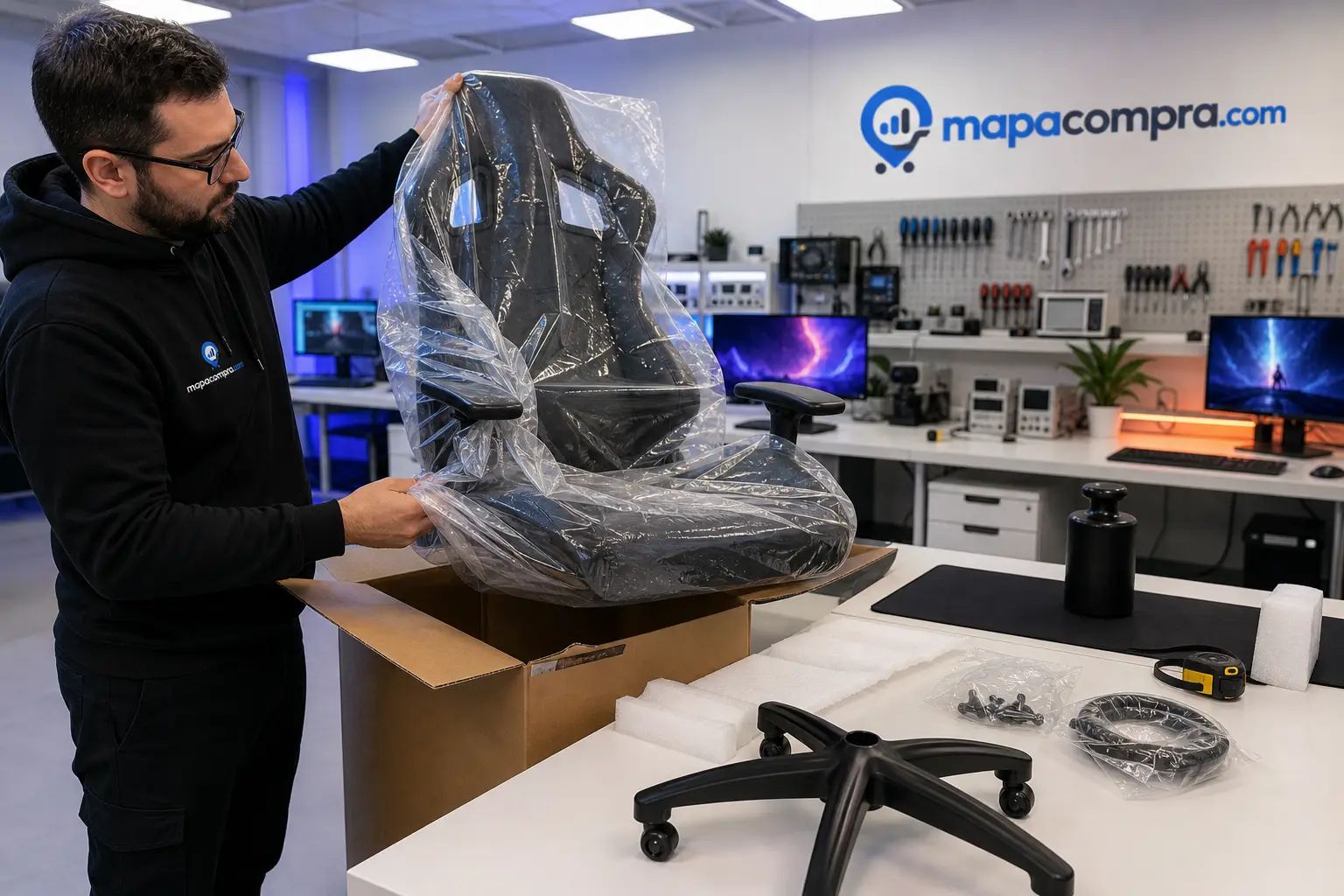 GTPLAYER Silla Gaming Tela Ergonómica desembalado para el análisis de mapacompra, con el contenido de la caja … – Imagen ilustrativa (generada por IA)