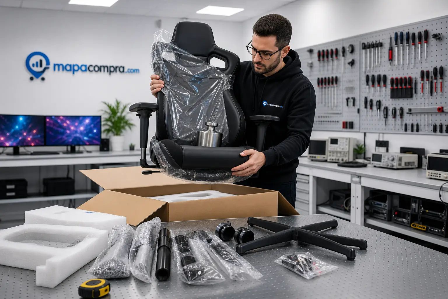 Silla de Gaming Silla desembalado para el análisis de mapacompra, con el contenido de la caja y los accesorios… – Imagen ilustrativa (generada por IA)