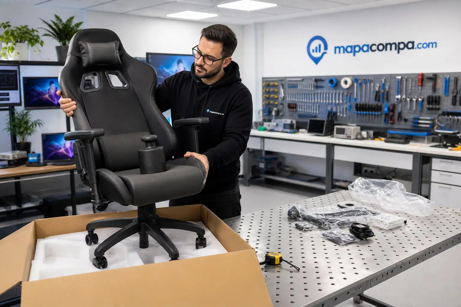 Dowinx Silla Gaming Ergonómica desembalado para el análisis de mapacompra, con el contenido de la caja y los a… – Imagen ilustrativa (generada por IA)